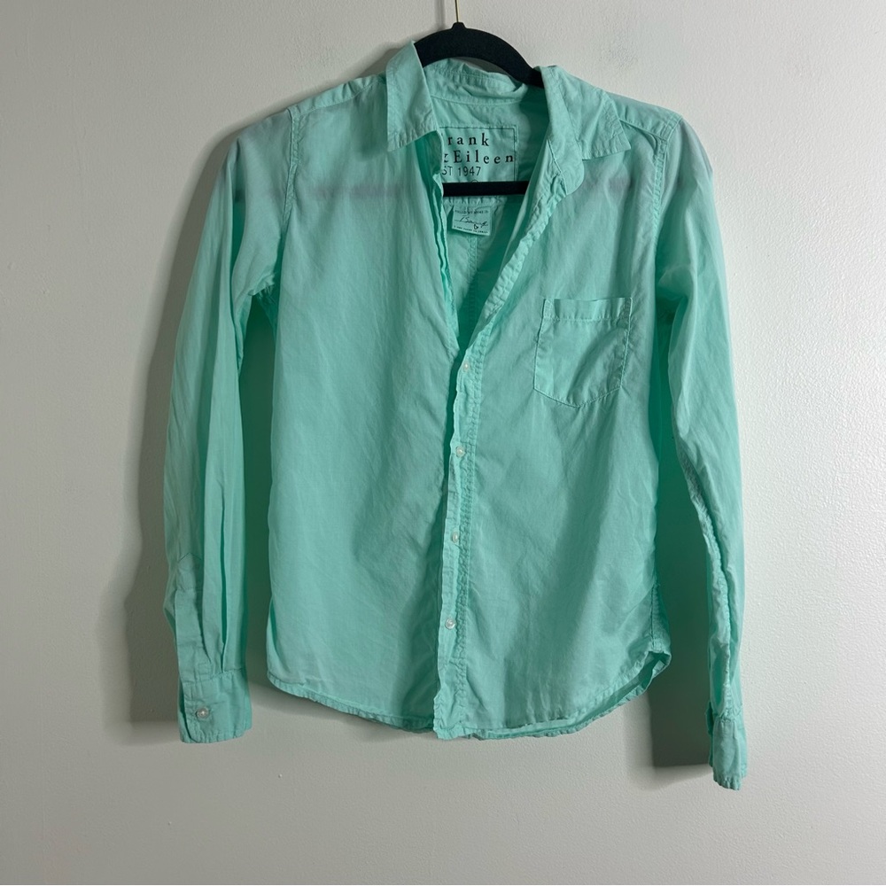 Frank & Eileen Solid Barry Top Button Up Shirt Womens Extra Small Blue Green USA